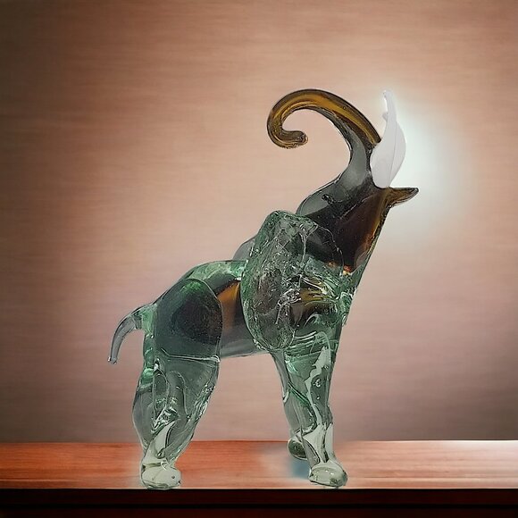 Murano Handblown Green Glass Elephant Figure W/Good Luck White Upward Tusk - Picture 3 of 16